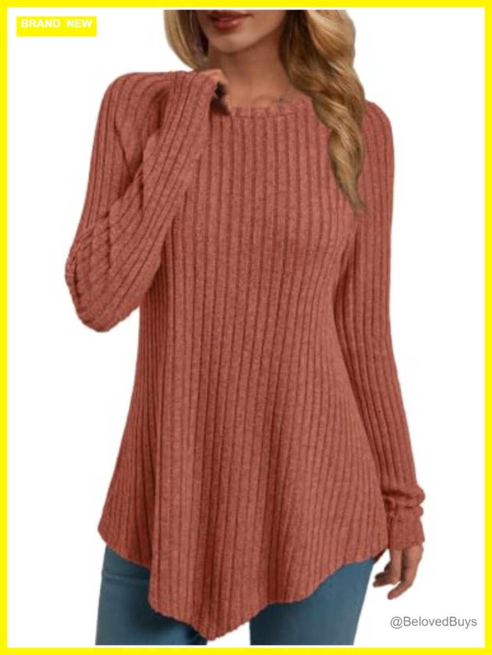 Womens Long Sleeve Flowy Tunic Top Ribbed Knit Pullover Sweater Crewneck